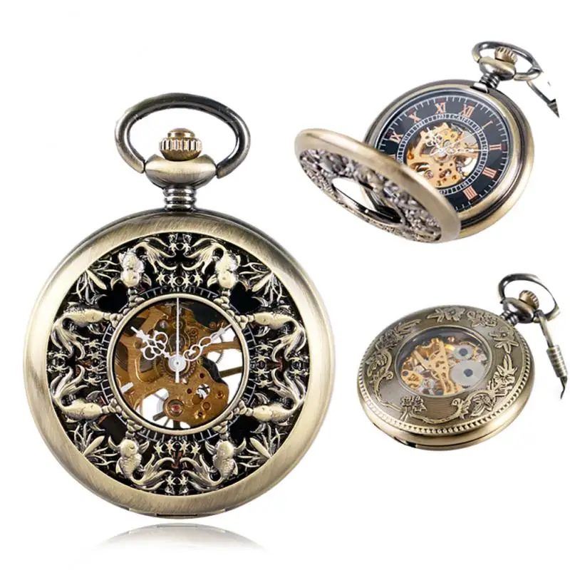 Bronze Hollow Fish Steampunk Hand-winding Mechanical Pocket Watch Pendant Chain Retro Clock for Women Men Gift Reloj De Bolsillo