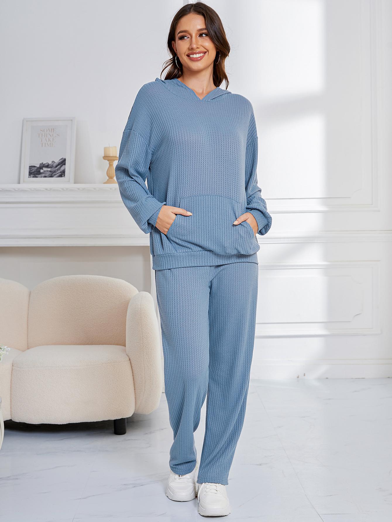 Hooded Casual Suit Women Pajamas Waffle Loose Long Sleeved Trousers Two Piece Home Wear