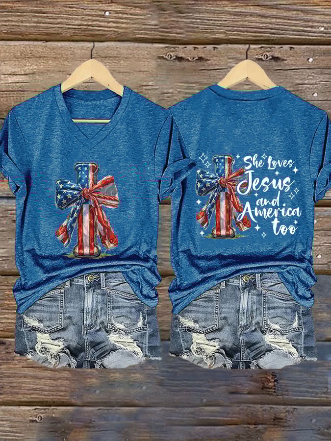 Women's She Loves Jesus And America Too Print V-Neck T-Shirt