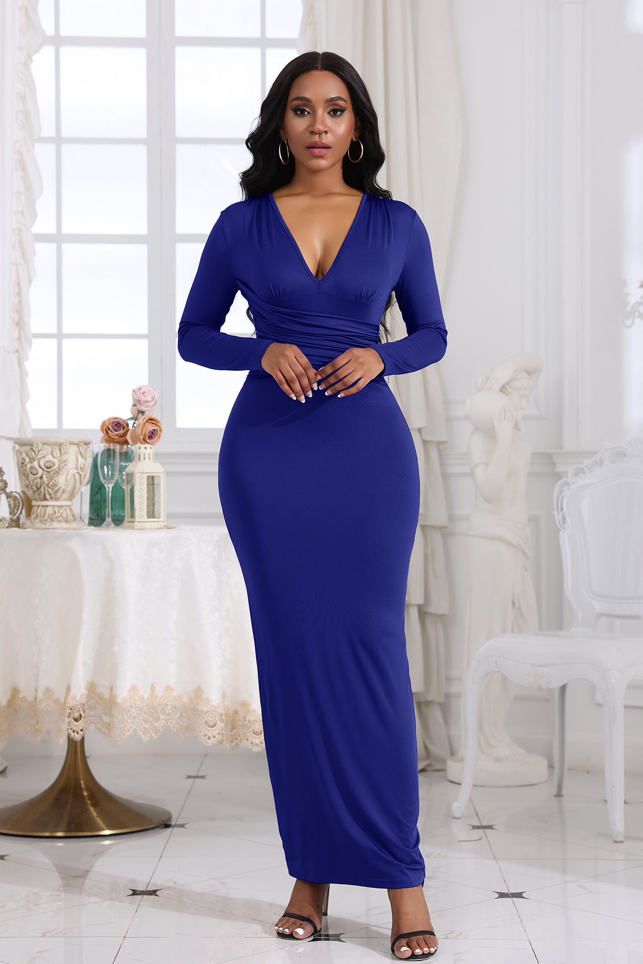 Blue Fashionable sexy v-neck slim pleats solid color long sleeves dress