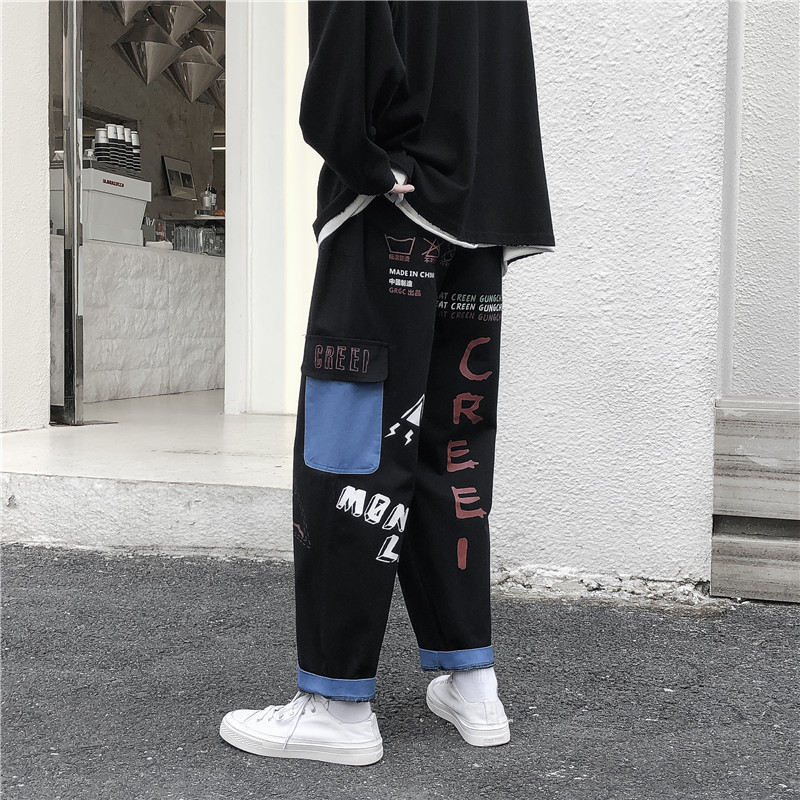 Autumn graffiti jeans straight-tube loose fashion designer overalls Korean fashion casual pants