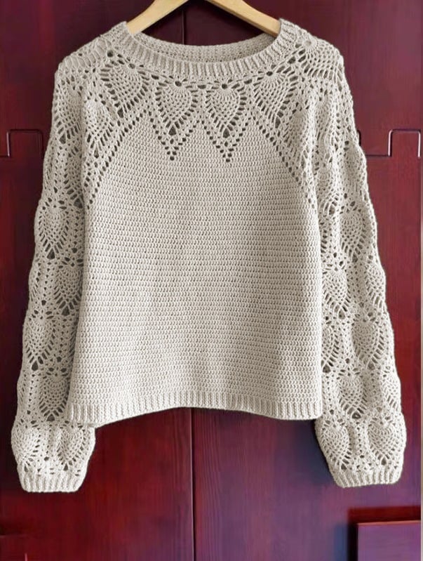 Women'S Solid Color Round Neck Hollow Long Sleeve Pullover Knitted Sweater