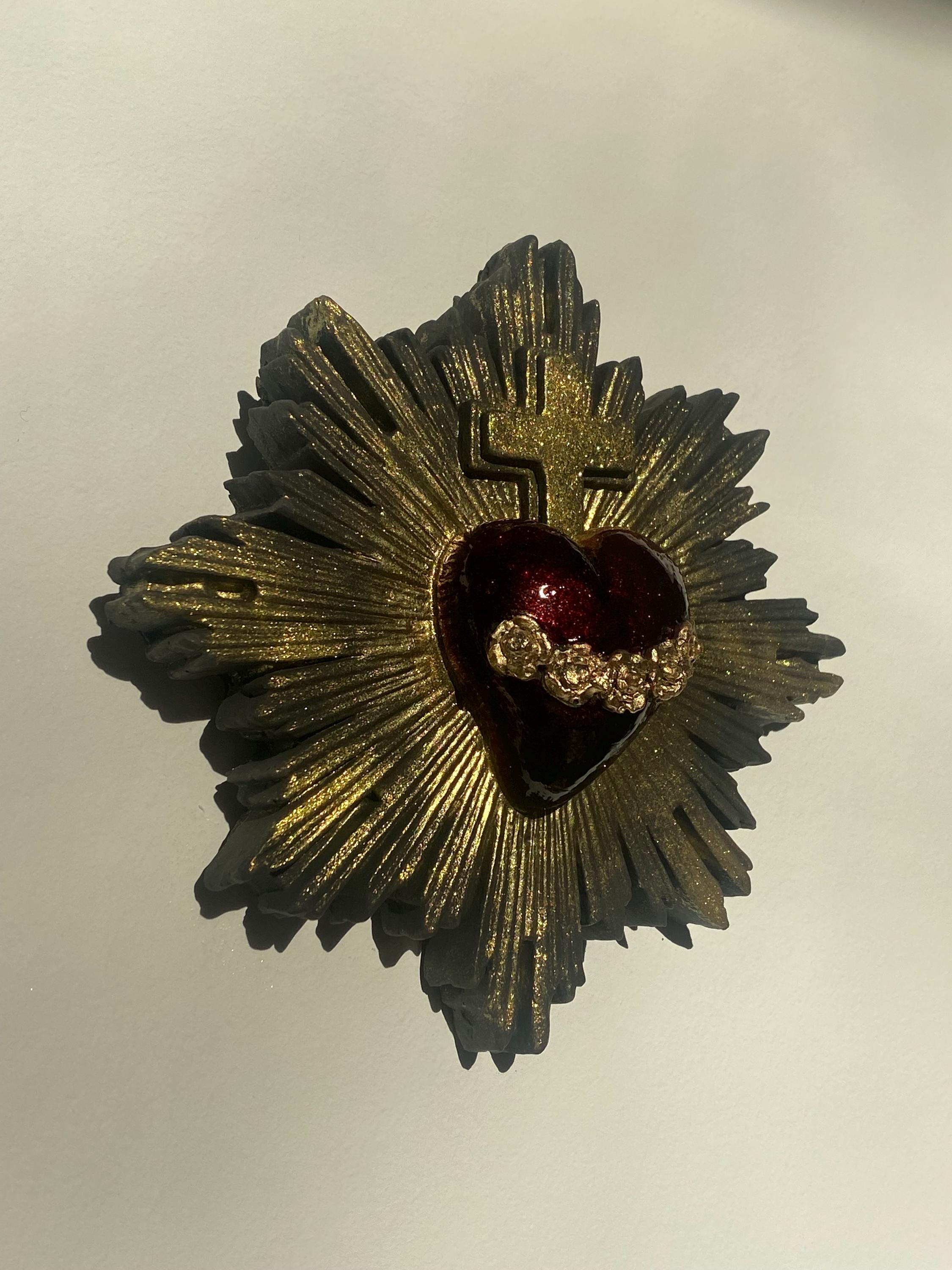Sacred Heart Wall Decor, Milagro Heart, Flaming Heart & Cross, Handmade.