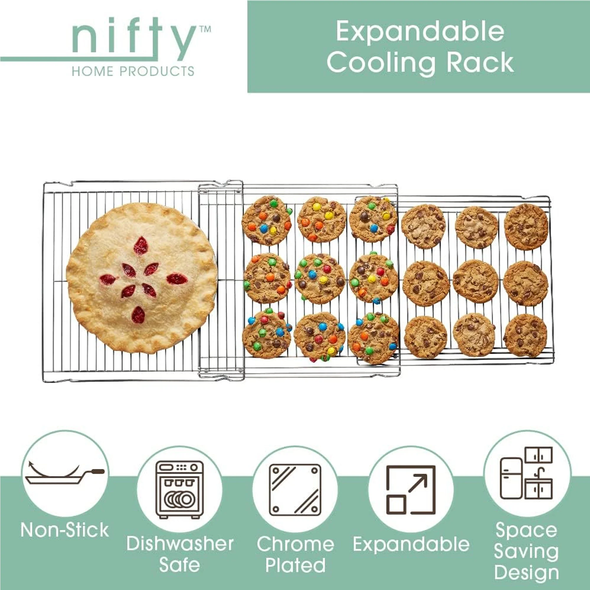 Nifty 3 in 1 Expandable Cooling Rack, Non-Stick, Dishwasher Safe, Chrome, 14x1.5x13.75 - 35 Inches