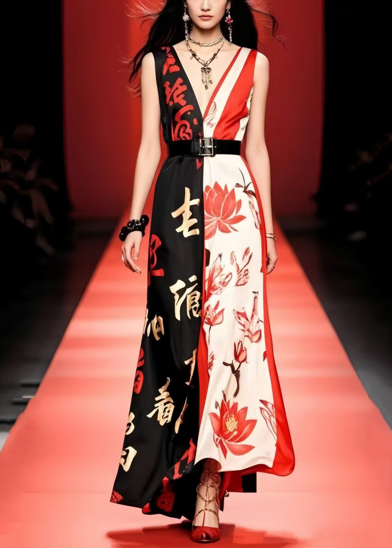French Colorblock Cinched Print Silk Maxi Dresses Sleeveless