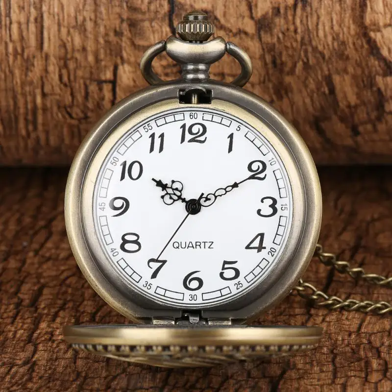 Antique Hollow Out Pocket Watch Bronze Rabbit Key Flowers Cover Men Women Quartz Clock Arabic Number with Sweater Chain Gift