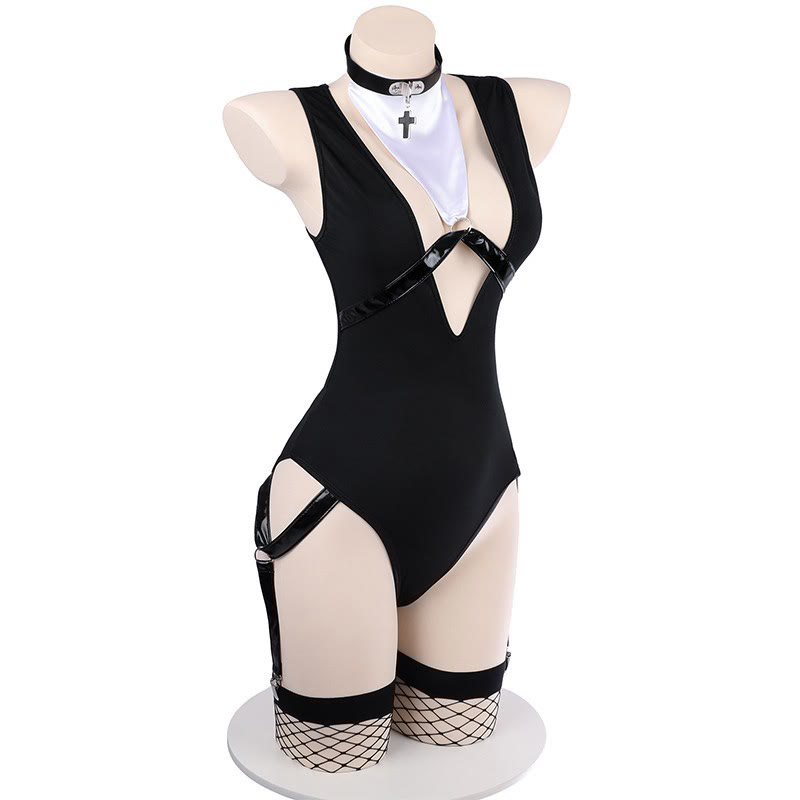 Nun Cross Hollow Out Jumpsuit Lingerie Set