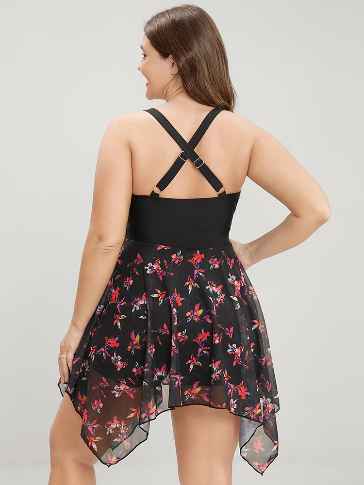 Tropical Ruched Ties Hanky Hem Crisscross Swim Dress