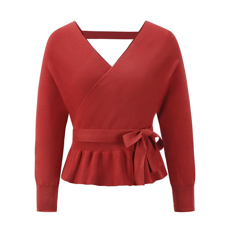 Women's Batwing Coat Knitwear V-neck Exposed Back Bandage Sweater
