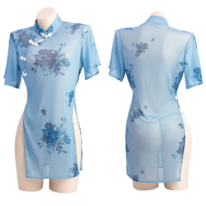 Vintage Flower Print See-through High Waist Slit Cheongsam Lingerie