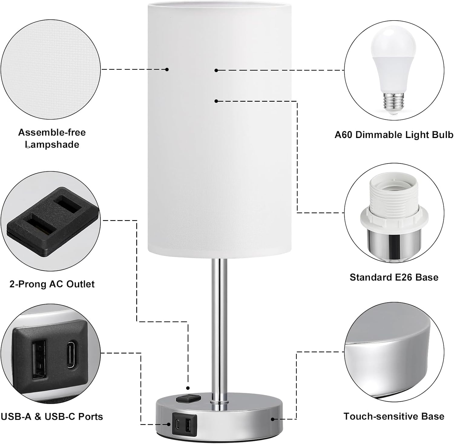 Bedside Table Lamp for Bedroom - 3 Way Dimmable Touch Lamp USB C Charging Ports and AC Outlet, Small Lamp Wood Base Round Flaxen Fabric Shade for Living Room, Desk, LED Bulb Included