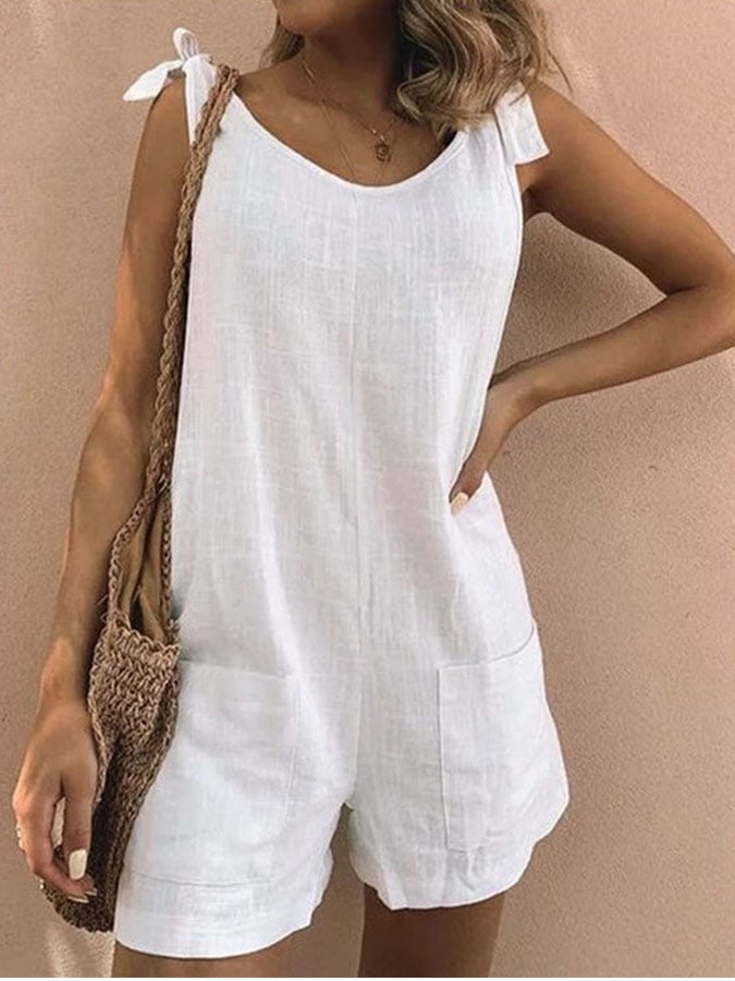Casual Solid Color Cotton Linen Pocket Jumpsuit