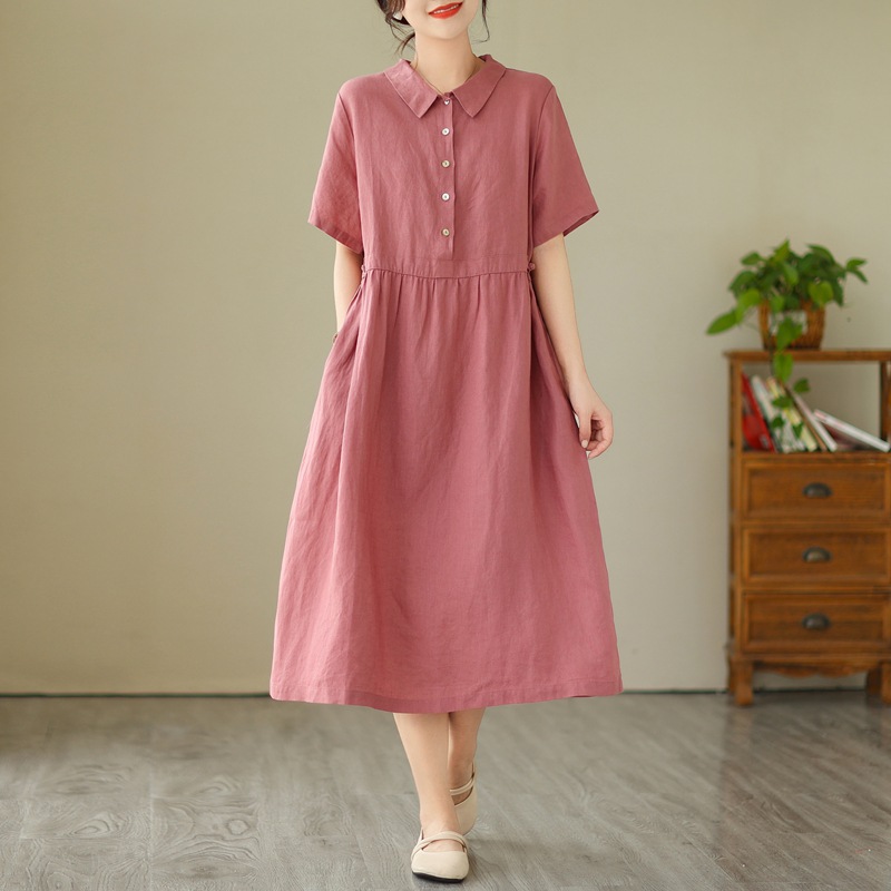 Solid Color Cotton Linen Lapel Midi Dress