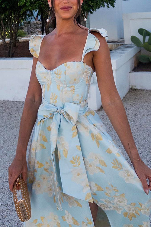 Heididress Ruffled Shoulder Bow Knot Waist Slit Printed Vintage Party Dress