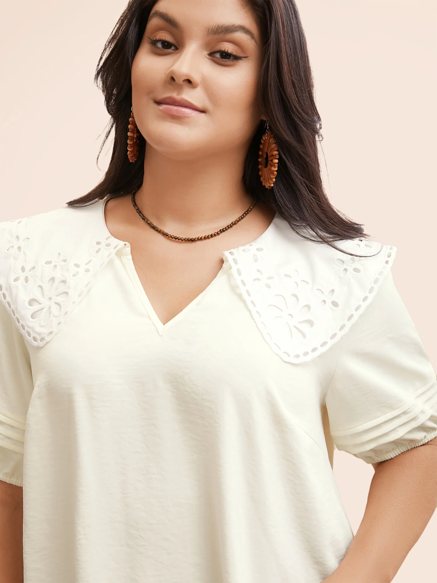 Lace Collar Lantern Sleeve Pleated Blouse