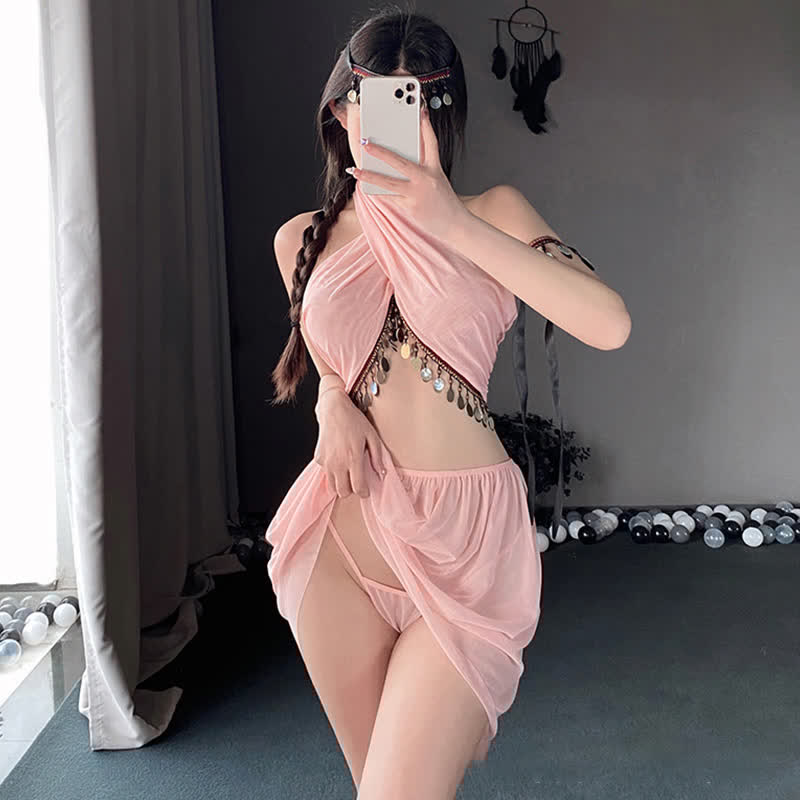 Cross Halter Sequin Backless Sexy Han Costume Lingerie Set
