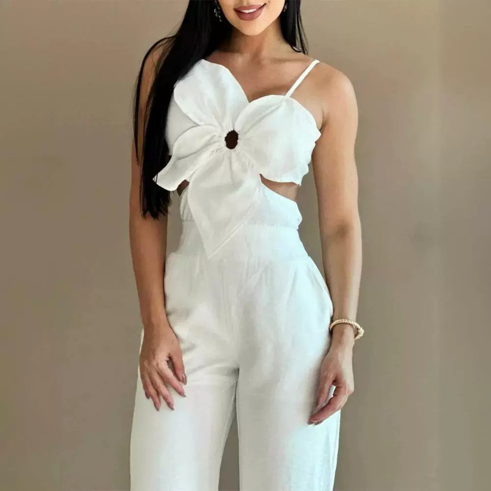 White Sling One-Piece Trousers with Three-Dimensional Flower Design for Women