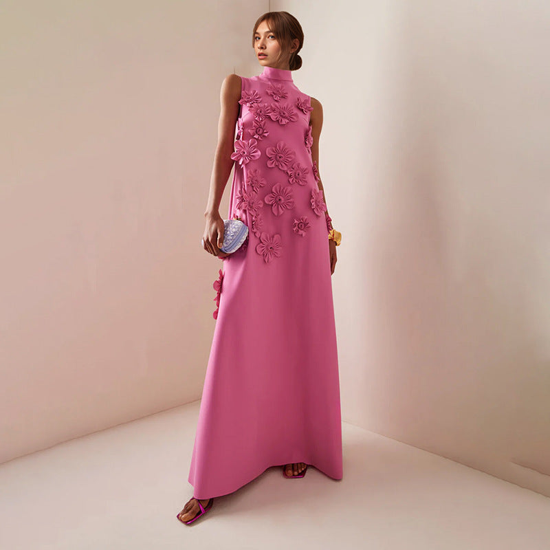 Elegant Elegant Stand Collar Sleeveless Solid Color Dress Three Dimensional Floral Collage Design Maxi Dress