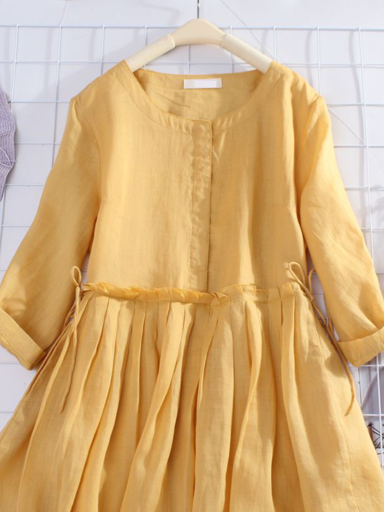 Solid Color Pleated Crew Neck Pocket Midi Dress