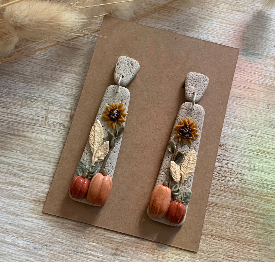 Polymer Clay, FAutumn Theme, Pumpkin, Sunflower Earrings
