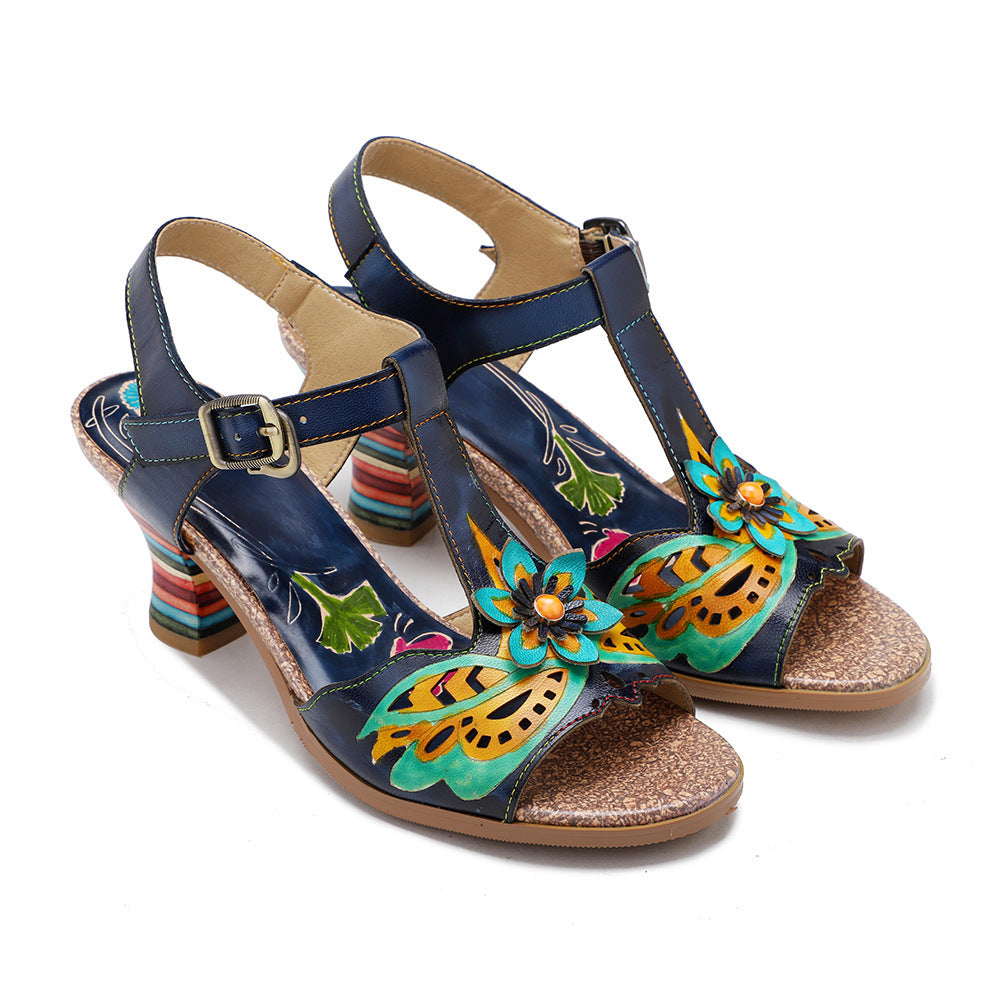 Retro Genuine Leather High Heel Sandals with Rainbow Wine Glass Heel