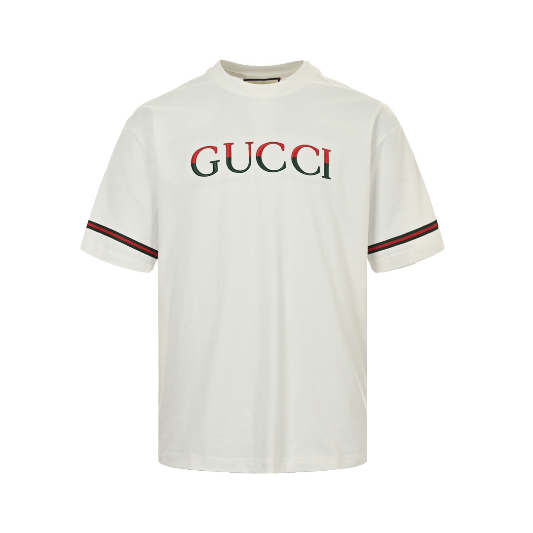 Gucci 24ss red and green color matching embroidered letter short sleeve