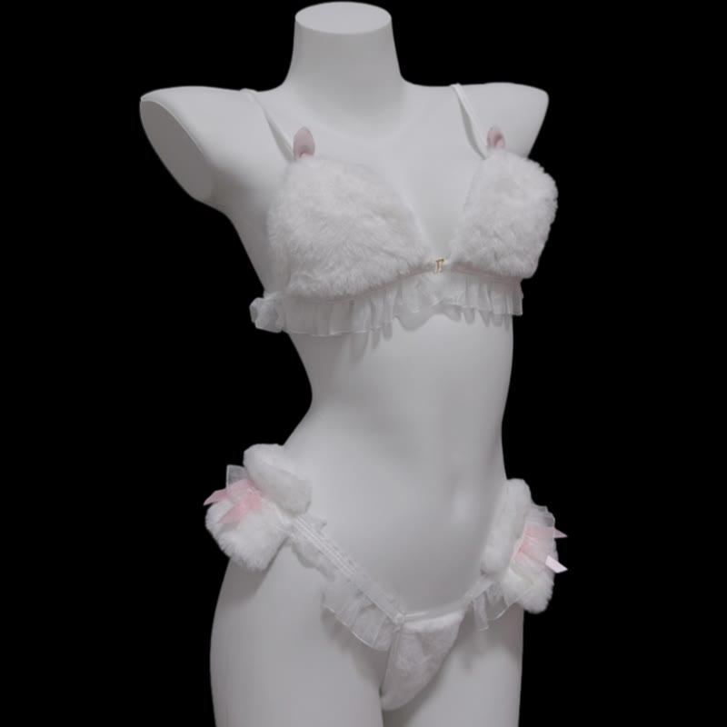 Bunny Ears Plush Lace Bikini Lingerie Set