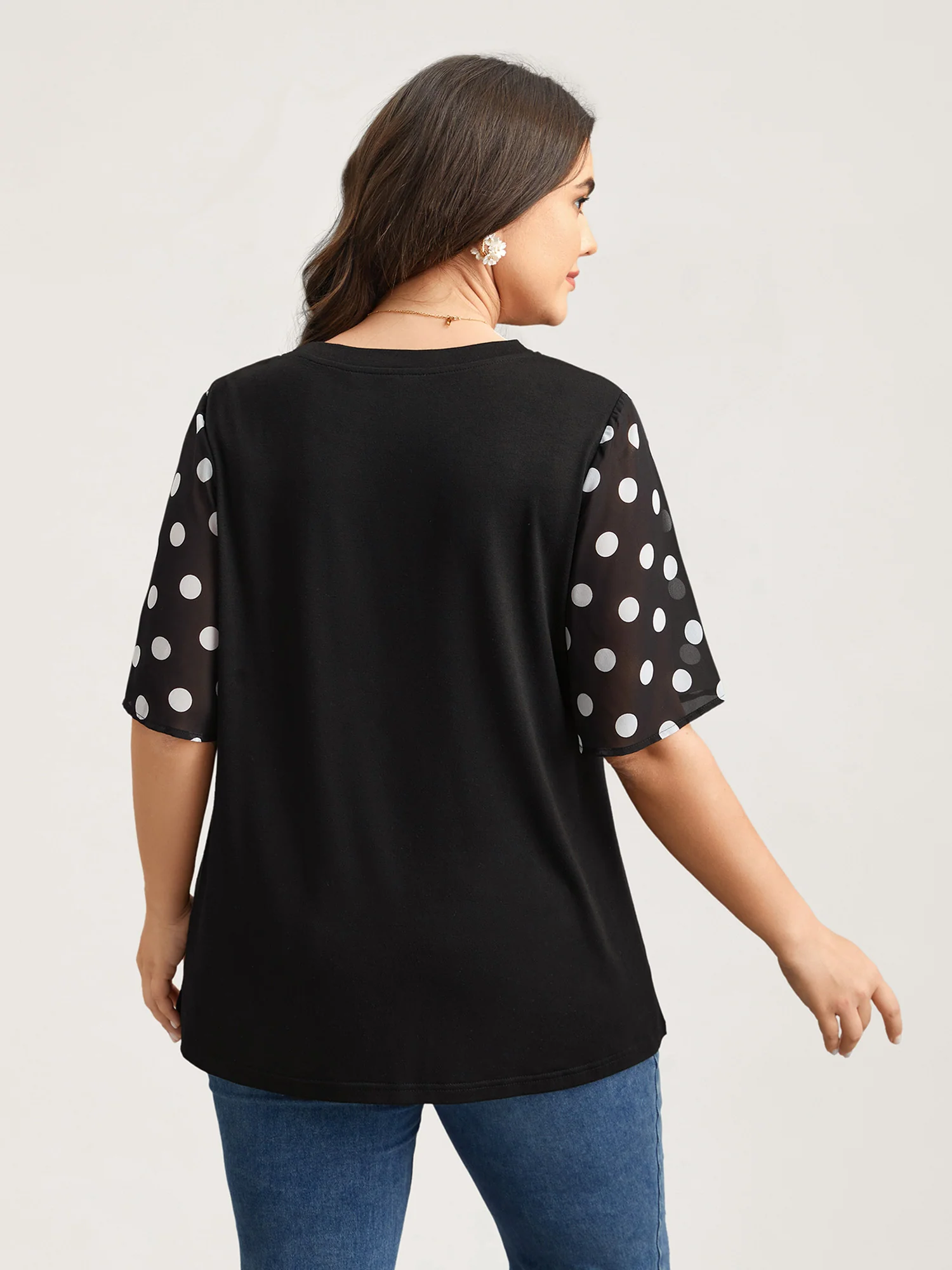 Stretchy Sheer Dot Sleeve Textured T-Shirt