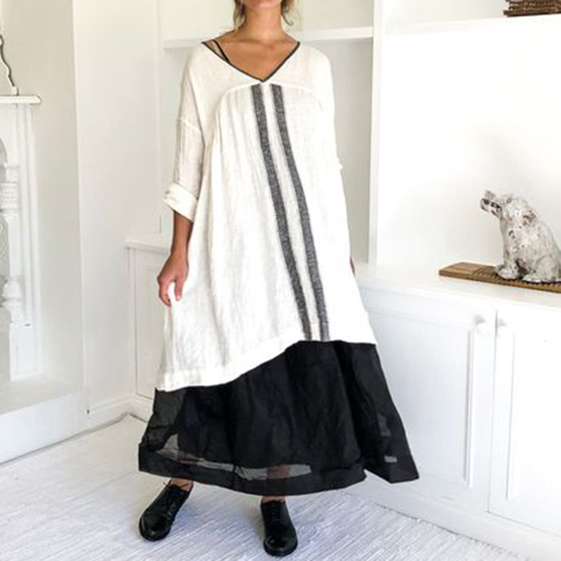 Cotton Linen V-Neck Panel Midi Dress