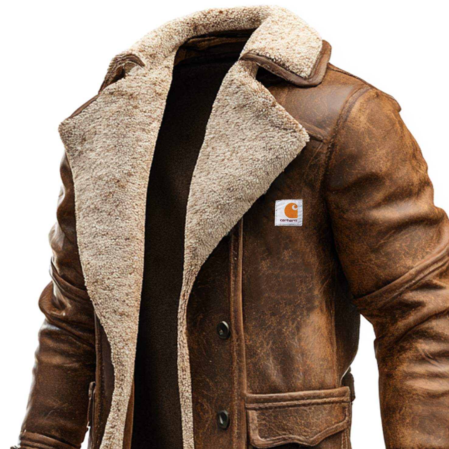 Carhartt Men's Vintage Brown Suede Leather Coat With Faux Fur Lining