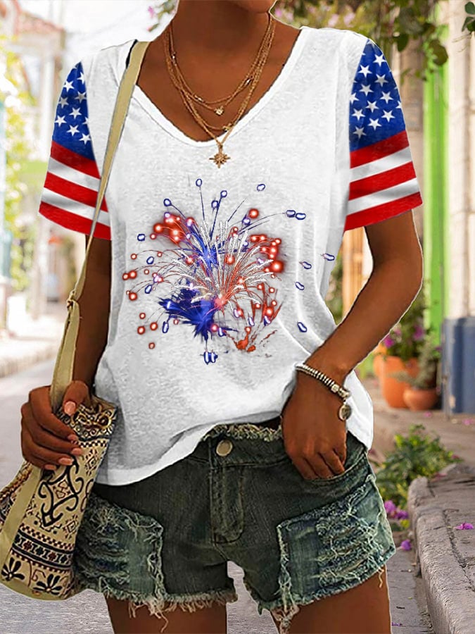 Women's V-Neck Flag Fireworks Independence Day Print T-Shirt