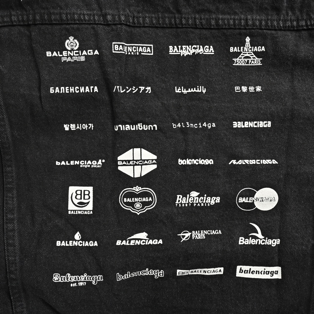 Balenciaga 24Fw denim jacket with all-over back print and multiple logo prints