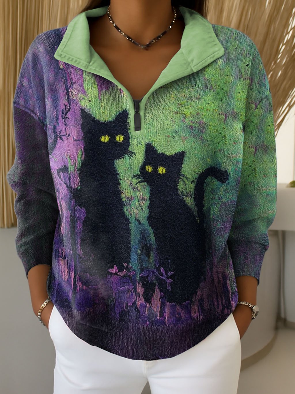 Women's Retro Animal Cat Print Zipper Sweatshirt