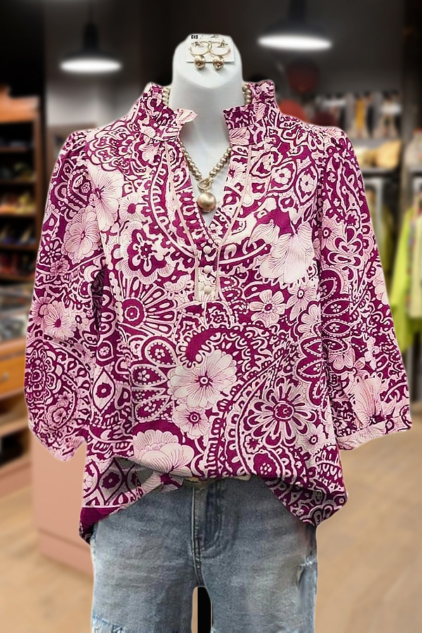 Vintage Floral Print V-Neck Puff Sleeve Top