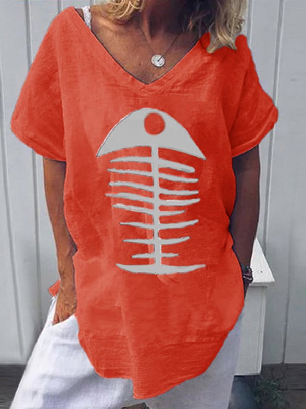 Fishbone Print Loose Cotton Linen T-Shirt Summer