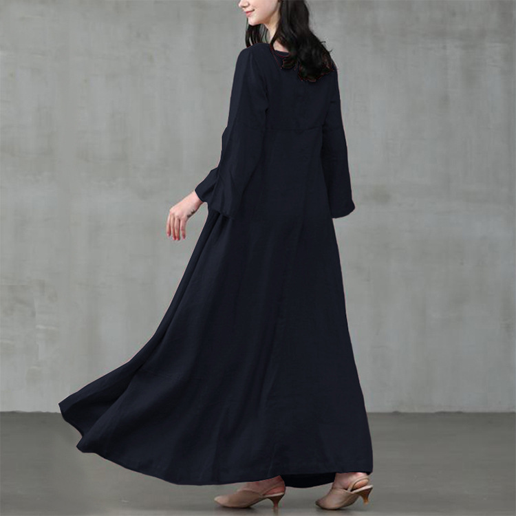 Vintage Round Neck Plain Long Sleeve Maxi Dress