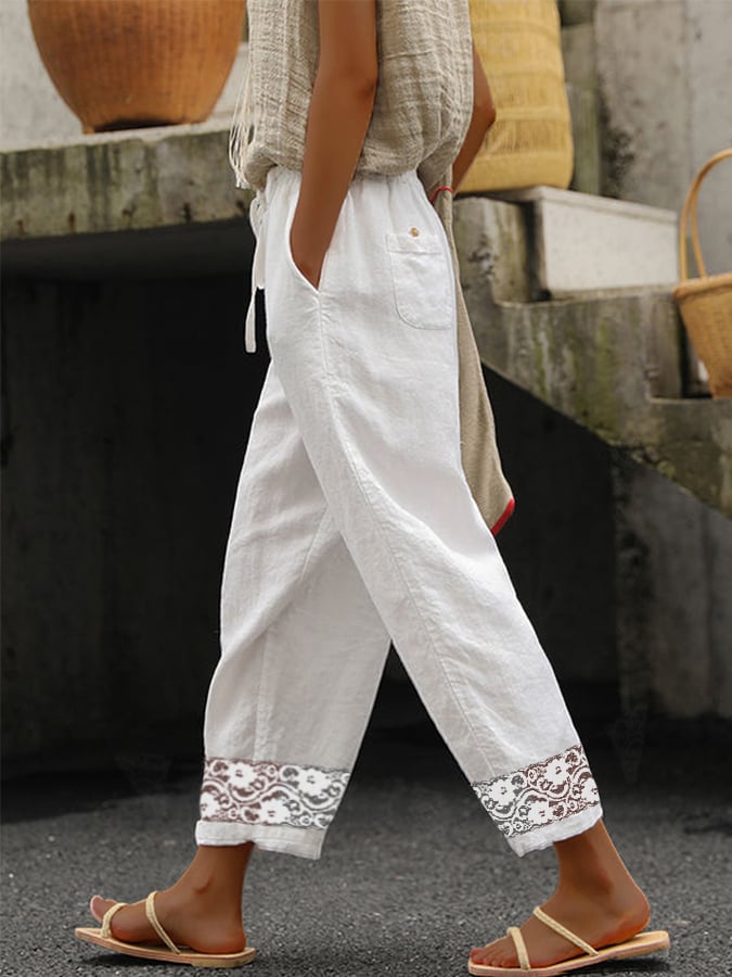 Women's Pure Color Elegant Lace Stitching Casual Cotton Pants