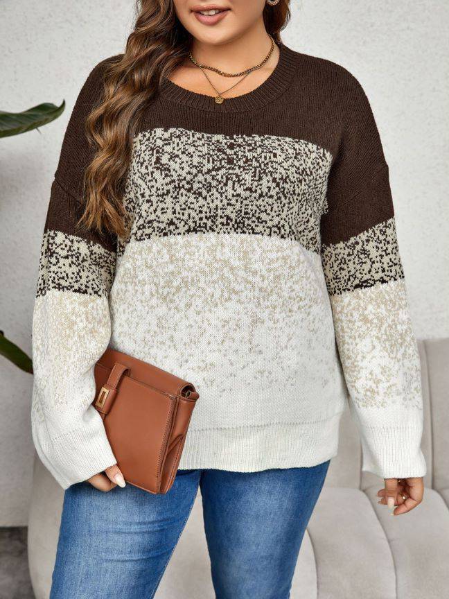 Plus Size Autumn Winter Color Matching Multi Color round Neck Clothing