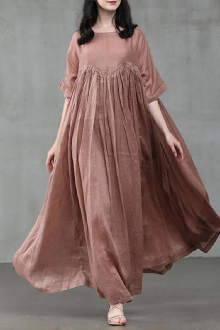 Solid Color Patchwork Half Sleeves Linen Casual Maxi Dress