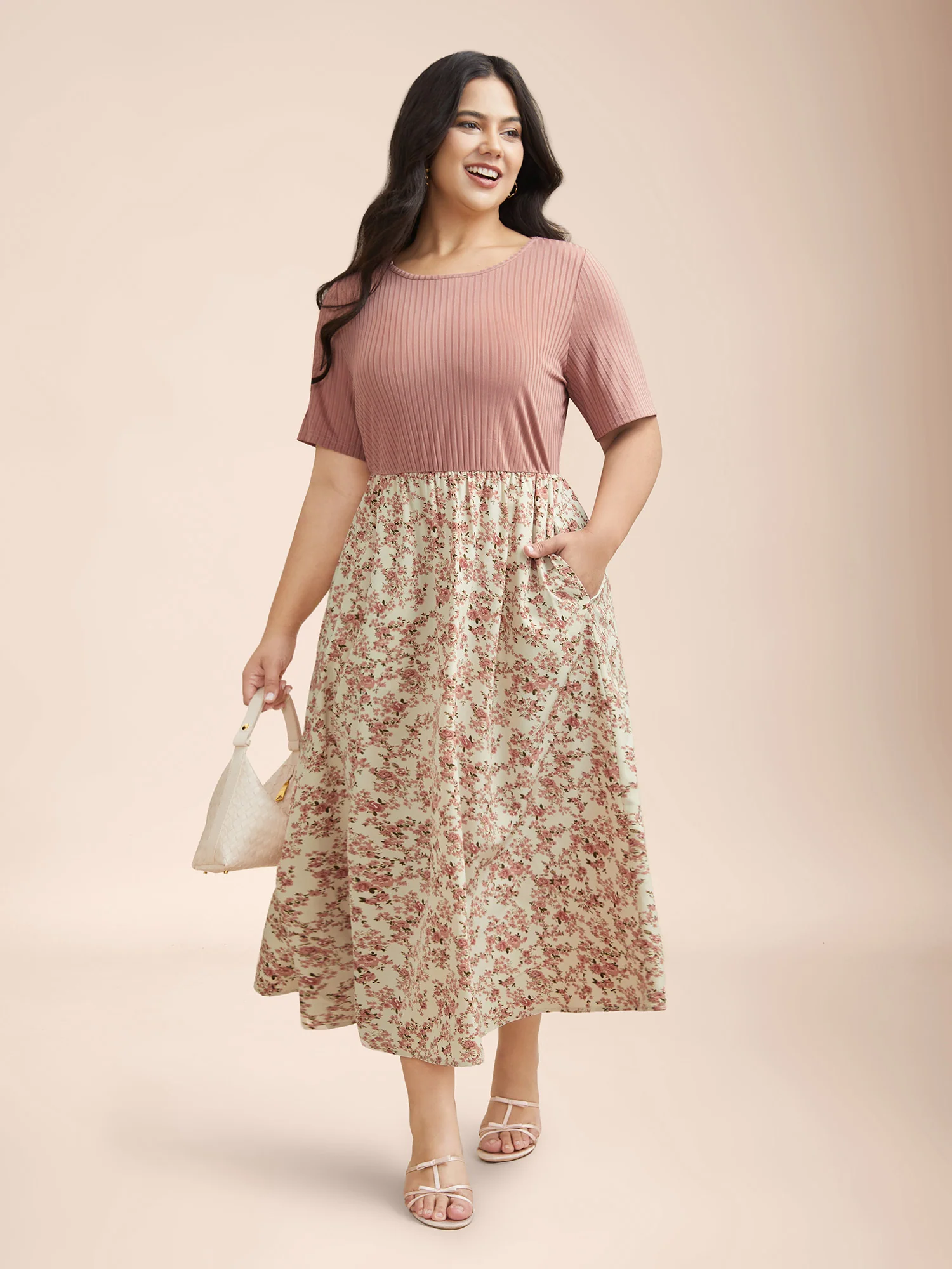 Floral Color Contrast Ribbed Pockets Maxi Dress