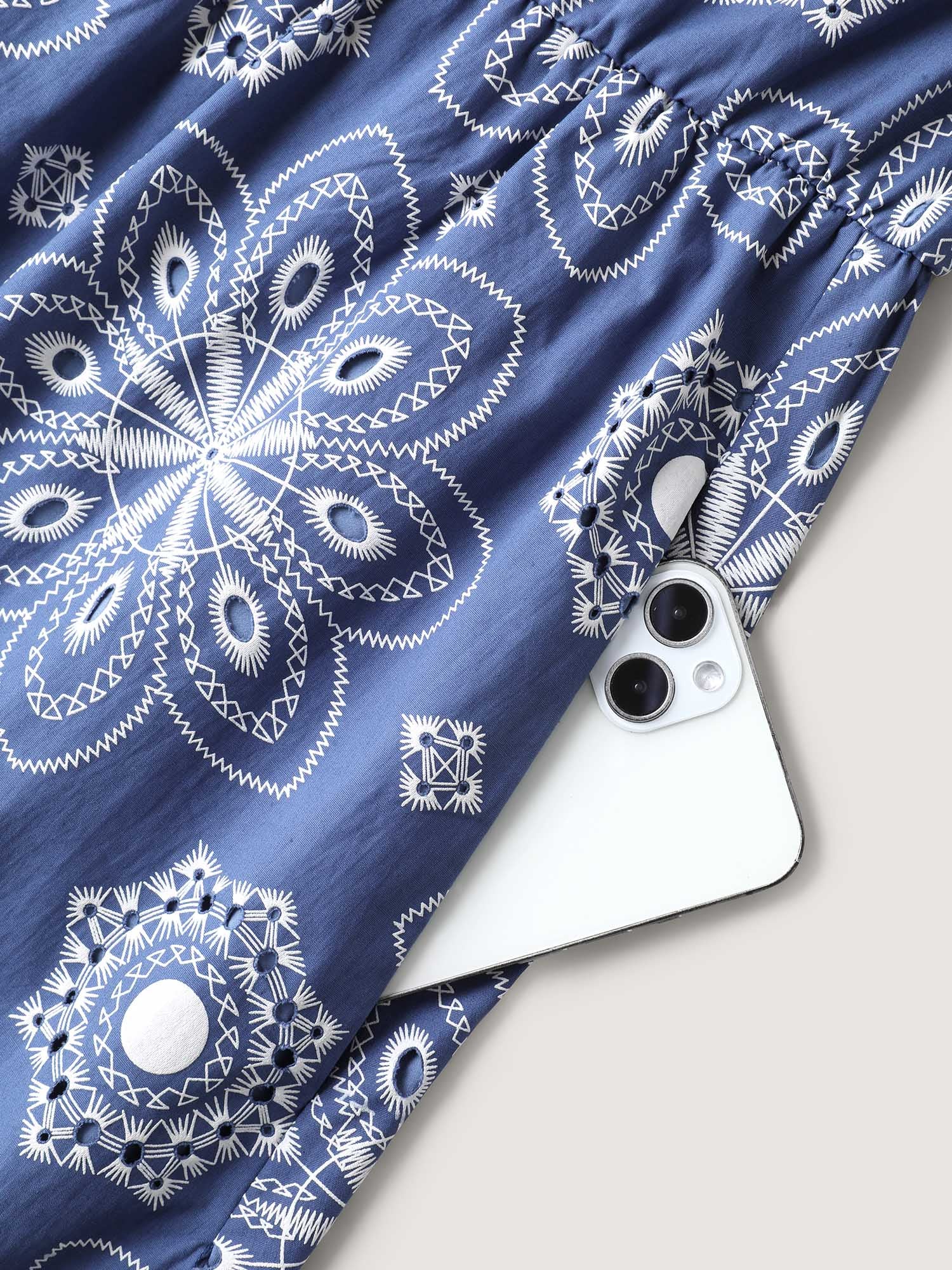 Cotton Large Floral Print Textured Pockets Midi Dress