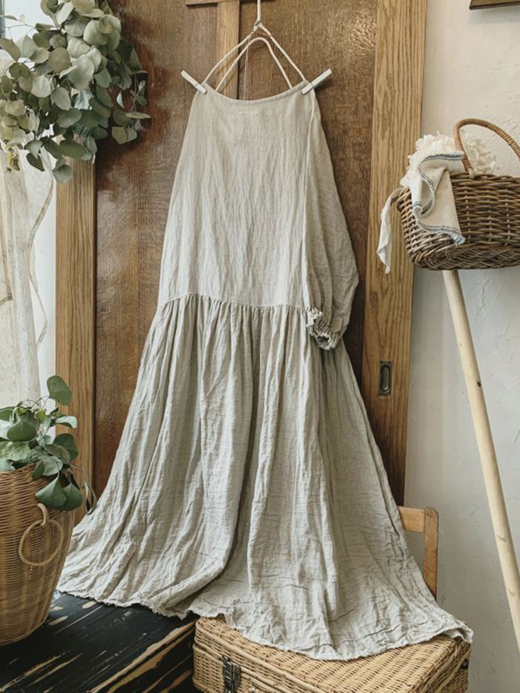 Vintage V Neck Balloon Sleeve Cotton Linen Midi Dresses