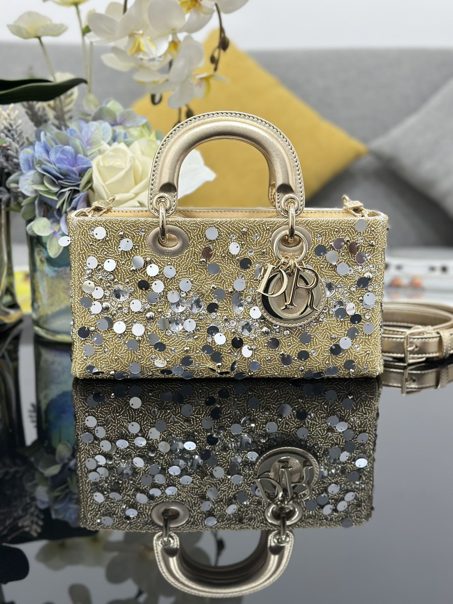 Dior Lady D-Joy Medium Embroidered Sequin Gold Lady Diana Bag M0540