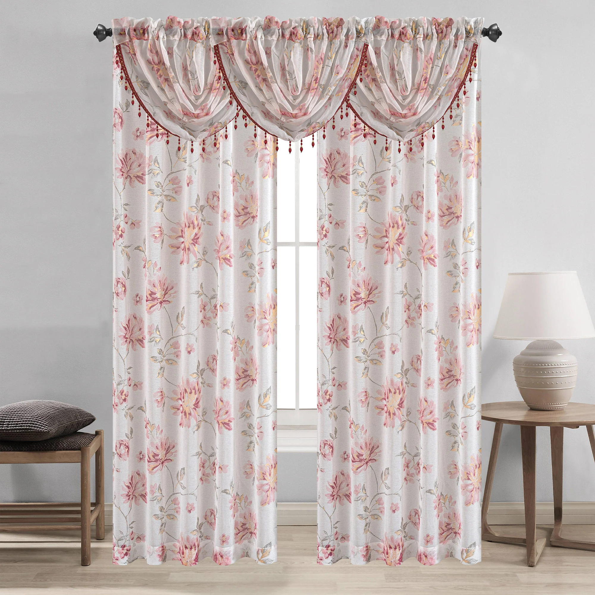 Anna Sheer Metallic Floral Rod Pocket Window Panel & Waterfall Valance, All Sold Separately