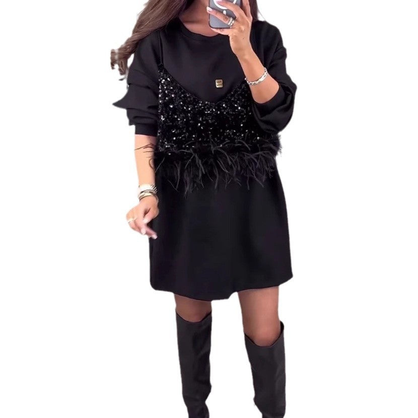 Women's Round Neck Dress with Sequin Stitching and Feather Detail