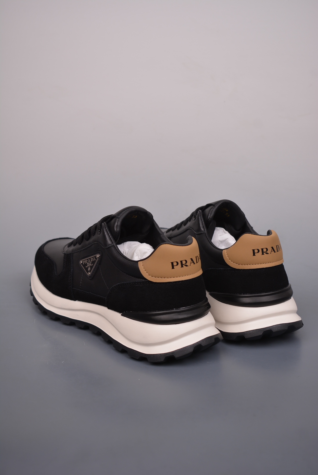 Prada PRAX 01 Triangle Logo Leather Sneakers Black White Brown 3D955M_3LF5_FG000