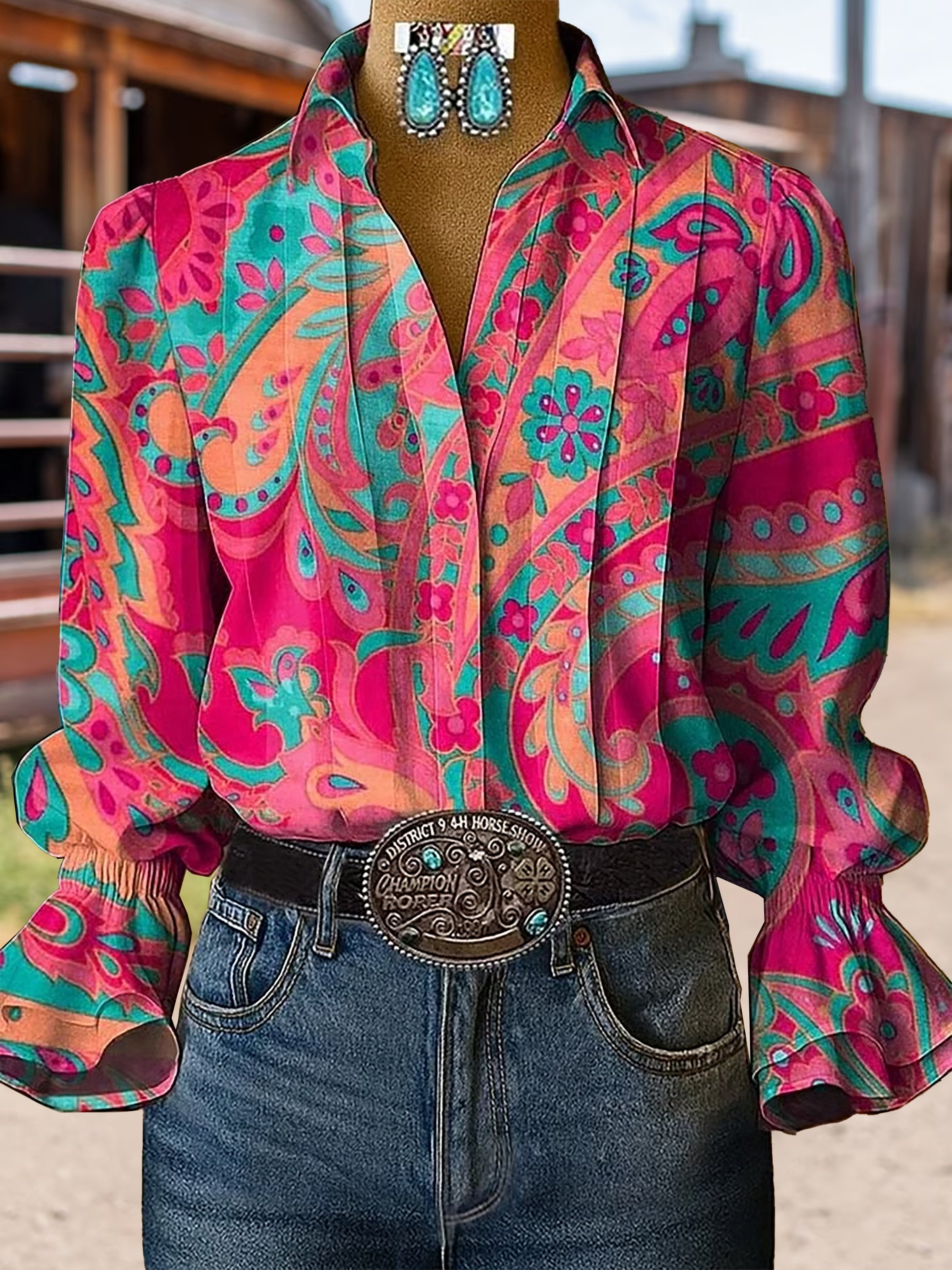 Women's Casual Western Puff Sleeve Patterned Shirt