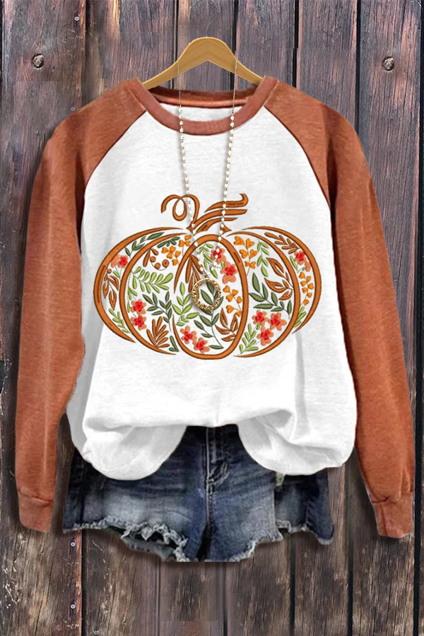 Color Block Floral Pumpkin Embroidered Cotton Sweatshirt