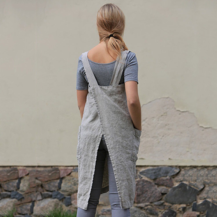 Retro solid color side pocket cotton apron dress