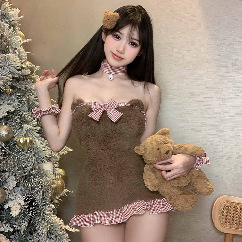 Cosplay Maid Plaid Bear Plush Lingerie Set